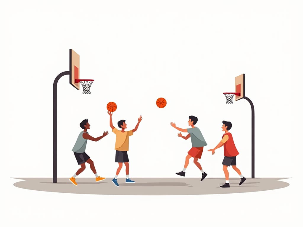  players playing basketball on playground, vector, illustraction, white background