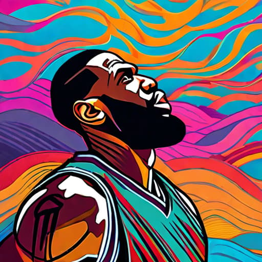  "Create an artwork of LeBron James immersed in the dynamic and energetic chaos inspired by Ken Carson's 'A Great Chaos.' Capture the intensity and movement with abstract elements, vibrant colors, and bold, fragmented shapes that reflect the unpredictable and tumultuous atmosphere. LeBron should appear powerful and commanding, seamlessly blending into the artistic whirlwind around him." hyperrealistic, full body, detailed clothing, highly detailed, cinematic lighting, stunningly beautiful, intricate, sharp focus, f/1. 8, 85mm, (centered image composition), (professionally color graded), ((bright soft diffused light)), volumetric fog, trending on instagram, trending on tumblr, HDR 4K, 8K