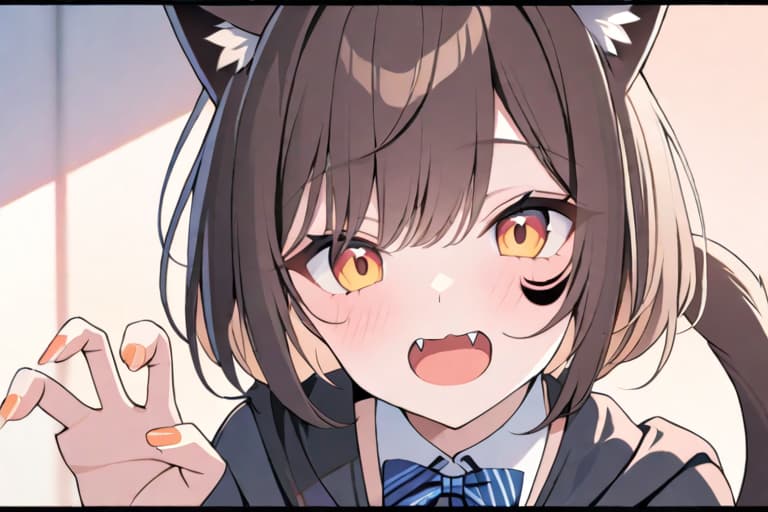  masterpiece, best quality, 1, solo, animal ears, bow, teeth, jacket, tail, open mouth, brown hair, orange background, bowtie, orange nails, simple background, cat ears, orange eyes, blue bow, animal ear fluff, cat tail, looking at viewer, upper body, shirt, uniform, hood, striped bow, striped, white shirt, black jacket, blue bowtie, fingernails, long sleeves, cat , bangs, fangs, collared shirt, striped bowtie, short hair, tongue, hoodie, sharp teeth, facial mark, claw pose hyperrealistic, full body, detailed clothing, highly detailed, cinematic lighting, stunningly beautiful, intricate, sharp focus, f/1. 8, 85mm, (centered image composition), (professionally color graded), ((bright soft diffused light)), volumetric fog, trending on instagram, trending on tumblr, HDR 4K, 8K