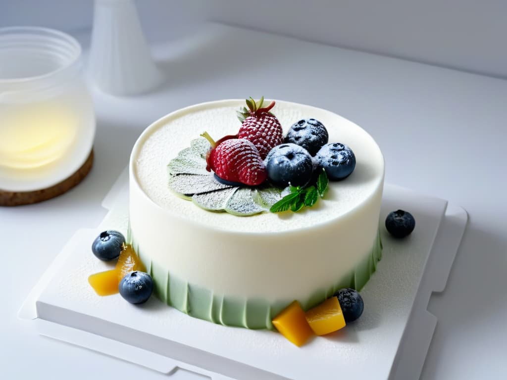  A closeup, ultradetailed image of a 3D printed dessert masterpiece, showcasing intricate layers, delicate textures, and vibrant colors. The dessert is elegantly presented on a sleek, minimalistic white plate, with a subtle play of light and shadows enhancing its visual appeal. Every tiny detail, from the precision of the 3D printing to the glossy finish of the edible elements, is captured in stunning clarity, inviting viewers to marvel at the fusion of technology and culinary artistry in the world of 3D printed desserts. hyperrealistic, full body, detailed clothing, highly detailed, cinematic lighting, stunningly beautiful, intricate, sharp focus, f/1. 8, 85mm, (centered image composition), (professionally color graded), ((bright soft diffused light)), volumetric fog, trending on instagram, trending on tumblr, HDR 4K, 8K