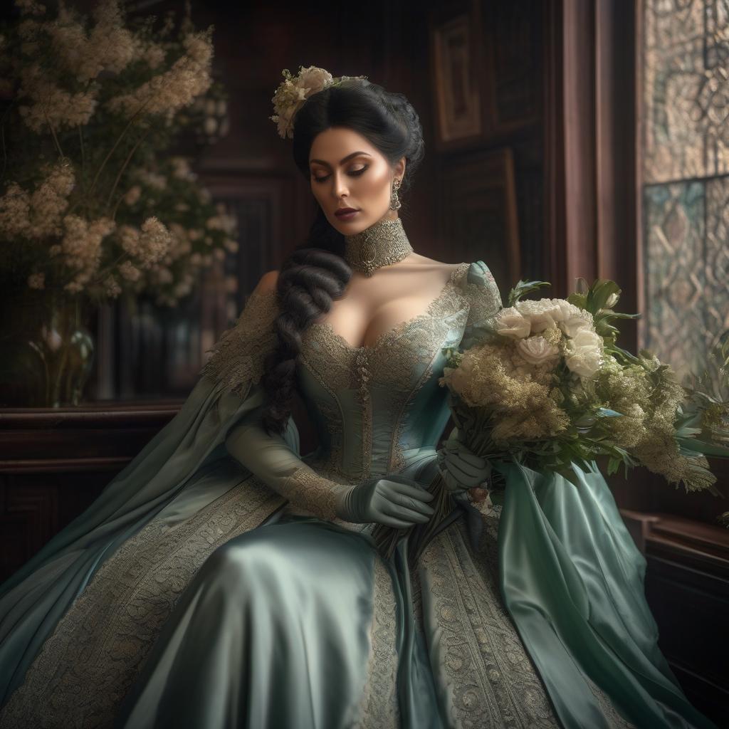  Victorian beauty in mourning with a bouquet of the aventurine flower, 1870s hyperrealistic, full body, detailed clothing, highly detailed, cinematic lighting, stunningly beautiful, intricate, sharp focus, f/1. 8, 85mm, (centered image composition), (professionally color graded), ((bright soft diffused light)), volumetric fog, trending on instagram, trending on tumblr, HDR 4K, 8K