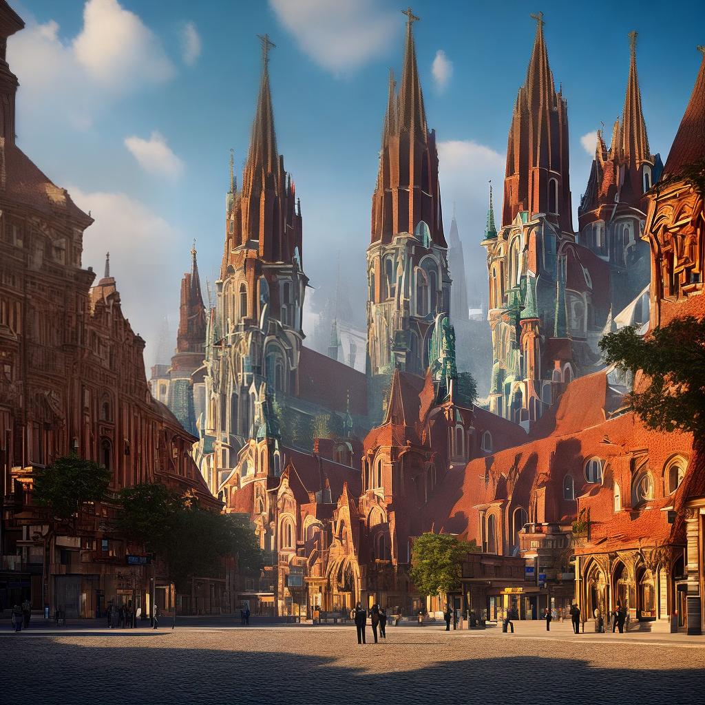  ((masterpiece)),(((best quality))), 8k, high detailed, ultra-detailed. A Pixar style scene featuring a red-haired German woman in a red dress and a Polish man with brown hair and a short beard in a stylish suit standing in front of a Krakow church. They are accompanied by a red Miniature Pinscher dog. The scene is enhanced by intricate stained glass windows and towering spires. The warm sunlight illuminates the surroundings. hyperrealistic, full body, detailed clothing, highly detailed, cinematic lighting, stunningly beautiful, intricate, sharp focus, f/1. 8, 85mm, (centered image composition), (professionally color graded), ((bright soft diffused light)), volumetric fog, trending on instagram, trending on tumblr, HDR 4K, 8K