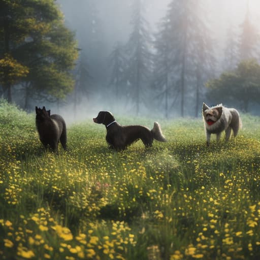  two dogs, hyperrealistic, full body, detailed clothing, highly detailed, cinematic lighting, stunningly beautiful, intricate, sharp focus, f/1. 8, 85mm, (centered image composition), (professionally color graded), ((bright soft diffused light)), volumetric fog, trending on instagram, trending on tumblr, HDR 4K, 8K