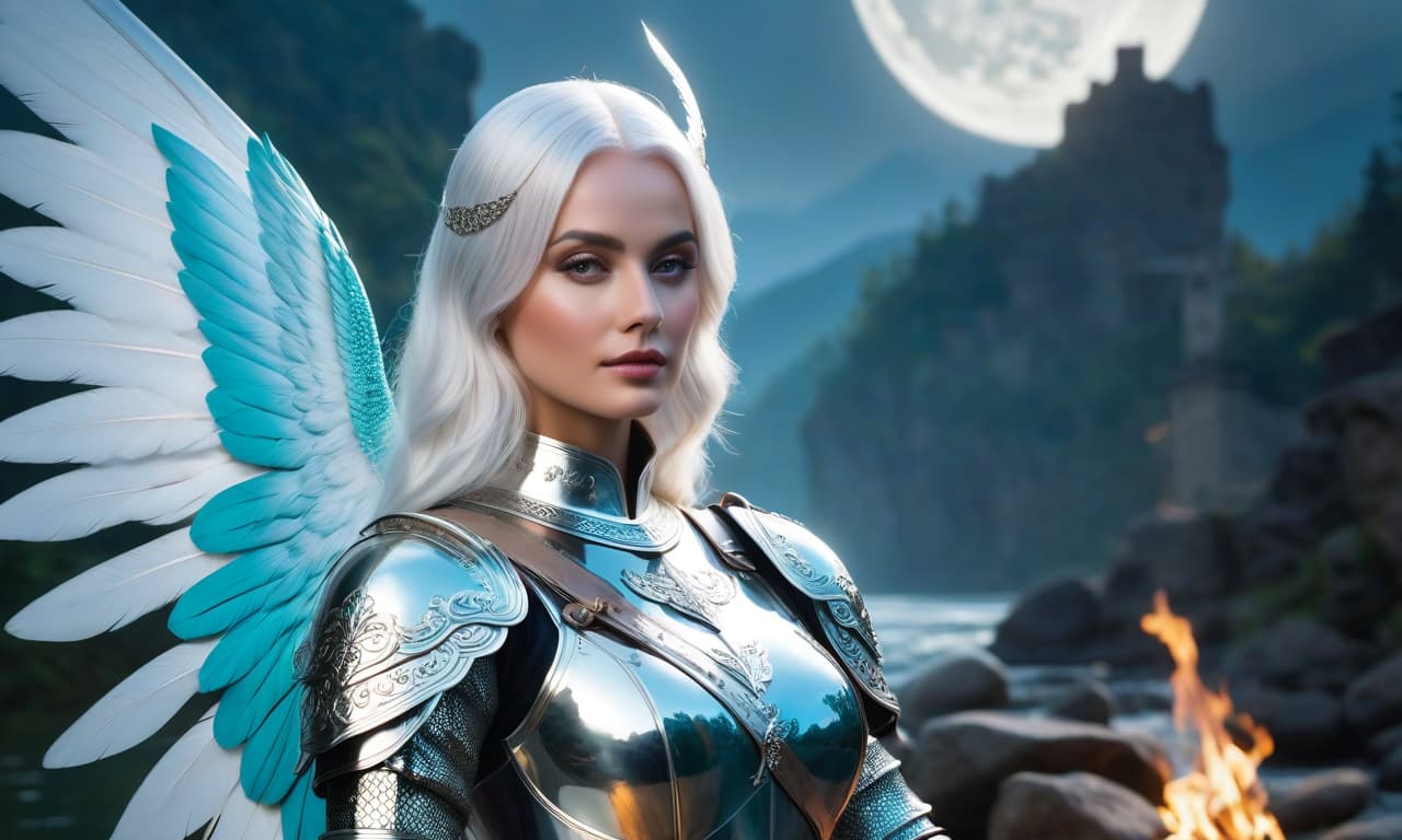  cinematic film still The general plan represents a magnificent angel girl white hair with huge turquoise wings in full pink Gothic shiny armor Milanese shiny armor, as in the paintings of Konrad Witz, of the mid 15th century with a huge Zweihander sword in her hands and huge turquoise wings stands on the bank of a river stone bridge against the background of a full moon an amazing cinematic picture depicting a stranger.mj, RTX, 4k, HDR, Anna Razumovskaya, Casey Baugh, Antonio Mora, Aminola Rezai, Giovanni Boldini, art, realistic art. double exposure, sleek and stylized silhouette of a female body on a transparent background of a female body ((nature painting)), stunning and vibrant. pure white background Happy girl with shiny armor big hyperrealistic, full body, detailed clothing, highly detailed, cinematic lighting, stunningly beautiful, intricate, sharp focus, f/1. 8, 85mm, (centered image composition), (professionally color graded), ((bright soft diffused light)), volumetric fog, trending on instagram, trending on tumblr, HDR 4K, 8K