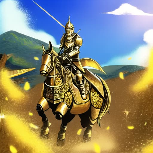  golden armored knight rides a, 🐲🌈🐲, background medieval battleground, focus 🐲 and knight