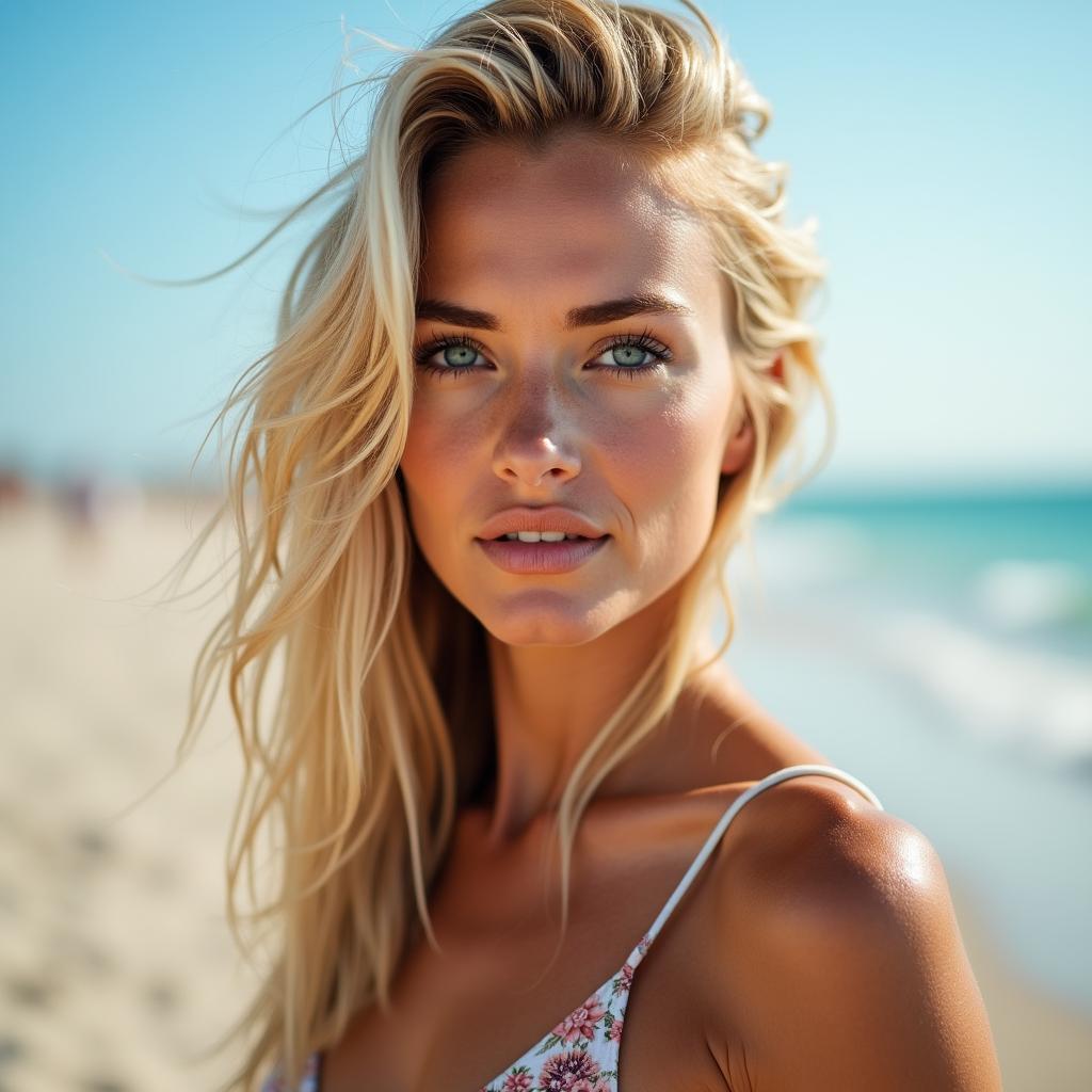  beautiful blonde woman with blue eyes at the beach