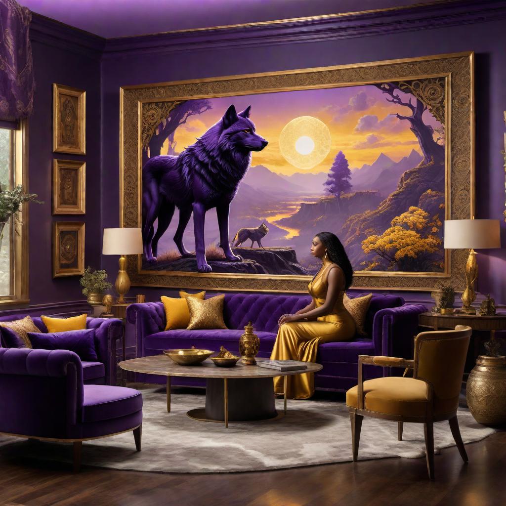  A high-resolution digital matte painting of an African American woman decorating her living room in purple and gold, with a wolf wallpaper in the background. The scene is epic, cinematic, brilliant, stunning, intricate, meticulously detailed, dramatic, atmospheric, maximalist. It includes elements of Fantasycore D&D landscape, special effects, arcane magic, and digital watercolor paper. The focus is on creating a visually captivating and magical setting for the viewer to immerse in. hyperrealistic, full body, detailed clothing, highly detailed, cinematic lighting, stunningly beautiful, intricate, sharp focus, f/1. 8, 85mm, (centered image composition), (professionally color graded), ((bright soft diffused light)), volumetric fog, trending on instagram, trending on tumblr, HDR 4K, 8K