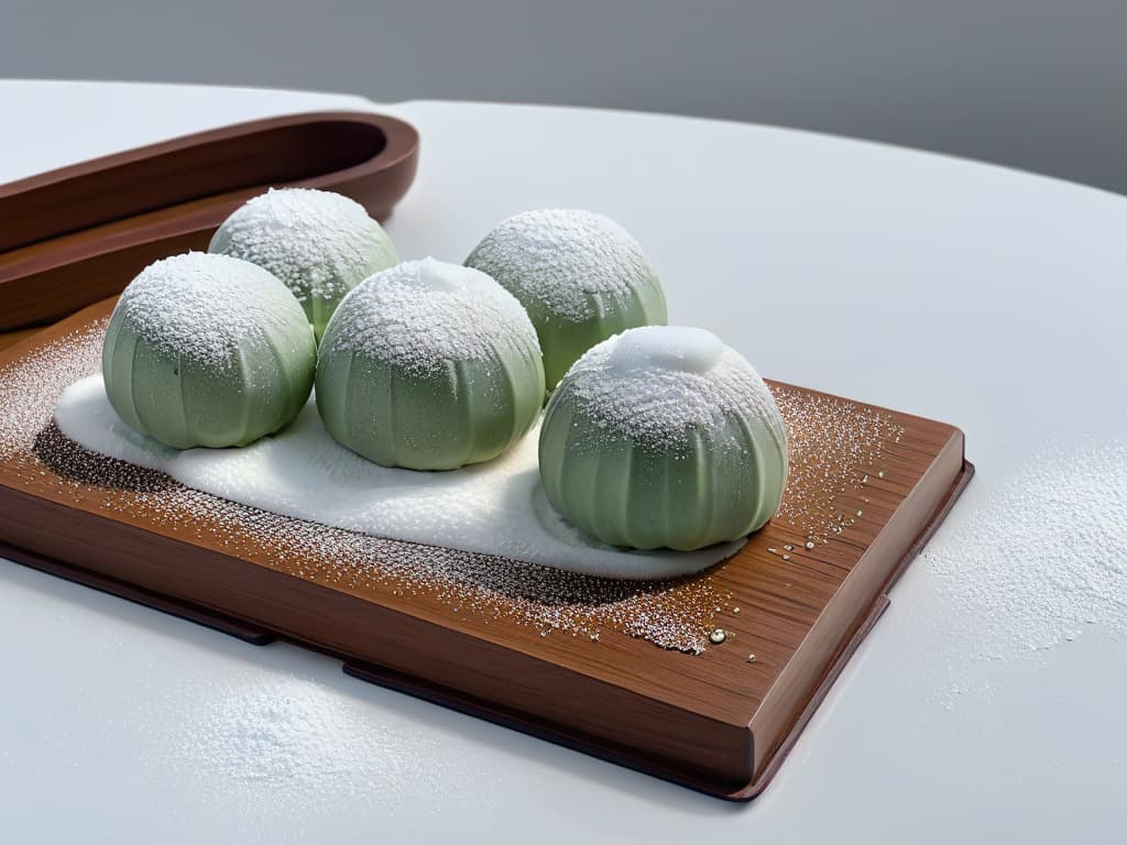  An elegant, minimalist closeup image of a freshly prepared daifuku and mochi side by side, showcasing their subtle textural differences and intricate details. The daifuku glistens with a light dusting of powdered sugar, while the mochi displays a smooth, matte finish. The contrast in appearance highlights the unique characteristics of each traditional Japanese treat, inviting the viewer to appreciate the artistry and craftsmanship involved in their preparation. hyperrealistic, full body, detailed clothing, highly detailed, cinematic lighting, stunningly beautiful, intricate, sharp focus, f/1. 8, 85mm, (centered image composition), (professionally color graded), ((bright soft diffused light)), volumetric fog, trending on instagram, trending on tumblr, HDR 4K, 8K