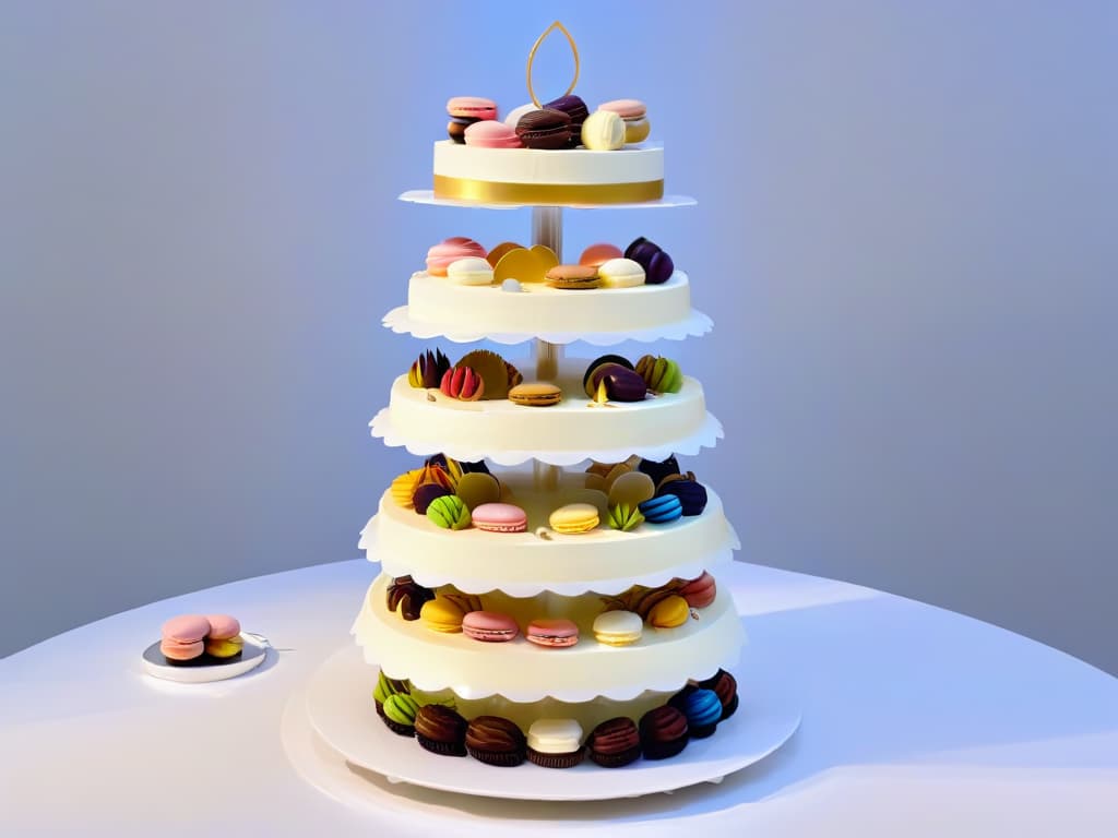  An ultradetailed image of an elegant, modern cake display featuring a variety of intricately designed desserts such as macarons, cupcakes, and petit fours. The desserts are beautifully arranged on sleek, white platters against a backdrop of soft, ambient lighting that casts a gentle glow on each treat, highlighting their exquisite details. The color scheme is a sophisticated blend of pastel hues, creating a visually stunning and harmonious composition that exudes elegance and sophistication. hyperrealistic, full body, detailed clothing, highly detailed, cinematic lighting, stunningly beautiful, intricate, sharp focus, f/1. 8, 85mm, (centered image composition), (professionally color graded), ((bright soft diffused light)), volumetric fog, trending on instagram, trending on tumblr, HDR 4K, 8K