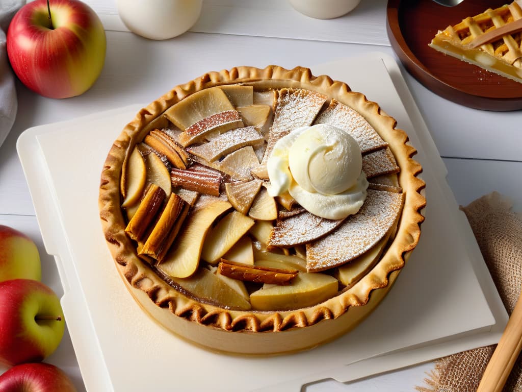  A photorealistic image of a modern twist on apple pie, showcasing a beautifully plated slice of apple pie with a unique design on top, surrounded by fresh apple slices, cinnamon sticks, and a scoop of vanilla ice cream melting slightly on the side. The pie crust is perfectly golden brown, with a glossy finish, and the apples are arranged in an elegant spiral pattern, exuding warmth and deliciousness. The image is captured in high resolution, highlighting every detail and texture, making the viewer crave a bite of this updated classic dessert. hyperrealistic, full body, detailed clothing, highly detailed, cinematic lighting, stunningly beautiful, intricate, sharp focus, f/1. 8, 85mm, (centered image composition), (professionally color graded), ((bright soft diffused light)), volumetric fog, trending on instagram, trending on tumblr, HDR 4K, 8K