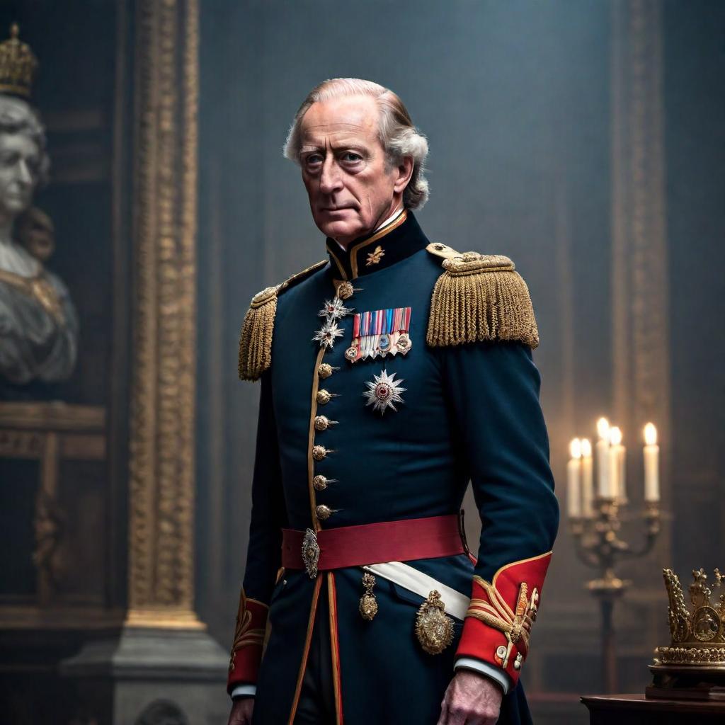  King Charles III hyperrealistic, full body, detailed clothing, highly detailed, cinematic lighting, stunningly beautiful, intricate, sharp focus, f/1. 8, 85mm, (centered image composition), (professionally color graded), ((bright soft diffused light)), volumetric fog, trending on instagram, trending on tumblr, HDR 4K, 8K