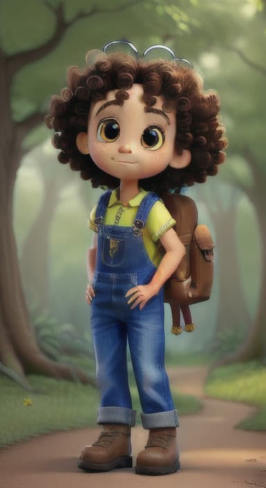  {The tree with a twinkling eye, while its leaves gently rustle., Riley, a curious with big brown eyes and curly hair, wearing overalls and carrying a small backpack. Their friend, Skye, a bluebird with shiny feathers.