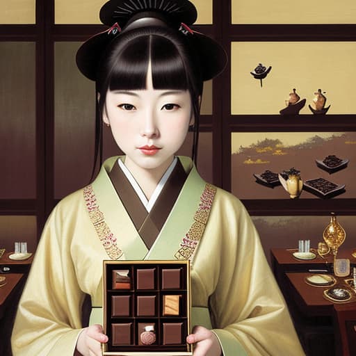  Attractive Beautiful young modern Japanese girl dressed in imperial attire with moist parted lips. Foreground is plates of fine dark chocolates. Background is an exclusive Japanese restaurant . Painting style of Edgar Degas