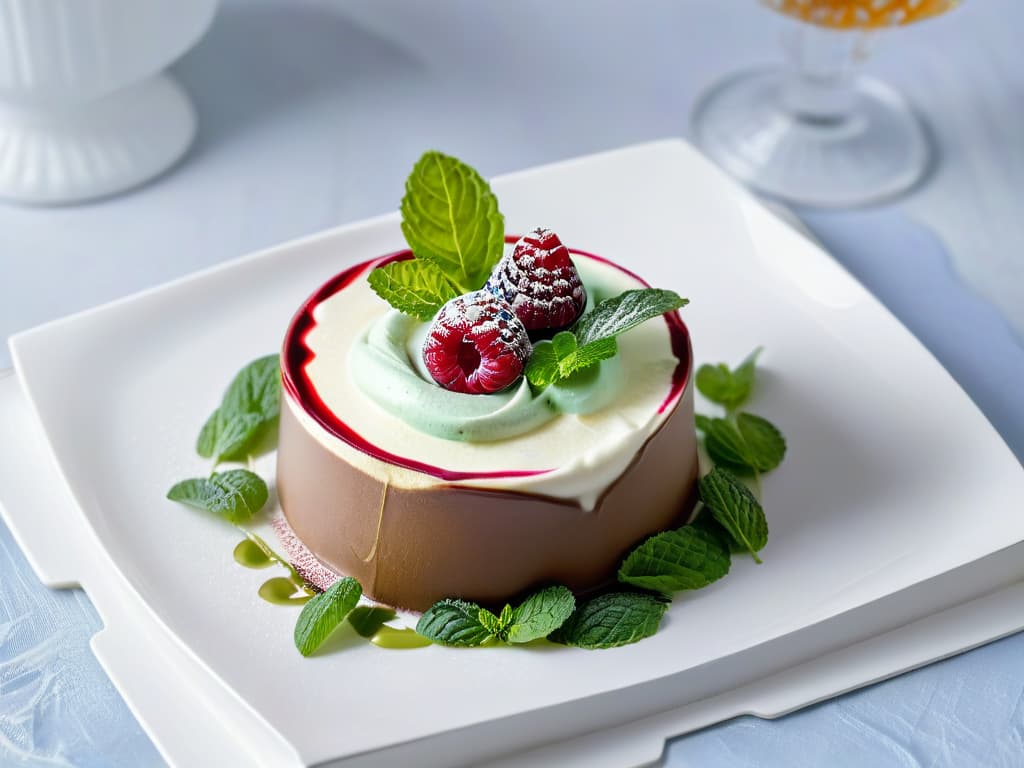  A closeup, ultradetailed image of a creamy chocolate mousse topped with delicate raspberry coulis swirls, surrounded by vibrant fresh mint leaves on a sleek, white porcelain plate. The glossy texture of the mousse reflects the soft lighting, emphasizing its smoothness, while the vivid red of the raspberry coulis adds a pop of color against the backdrop of the pristine white plate. Each mint leaf is perfectly placed, showcasing the attention to detail and artistry in pastry creation. hyperrealistic, full body, detailed clothing, highly detailed, cinematic lighting, stunningly beautiful, intricate, sharp focus, f/1. 8, 85mm, (centered image composition), (professionally color graded), ((bright soft diffused light)), volumetric fog, trending on instagram, trending on tumblr, HDR 4K, 8K