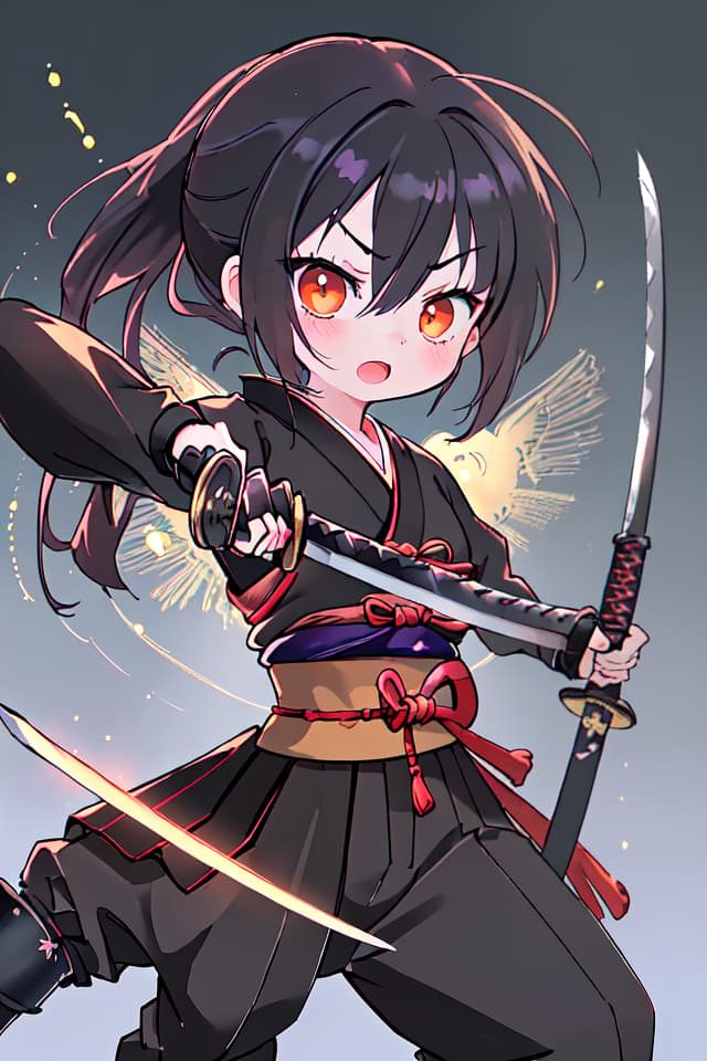  ultra detailed:1.2,masterpiece:1.2,best quality,masterpiece,bestquality,hdr:1.1,8k:1.1,very cute girl:1.3,samurai girl:1.3,red samurai armor:1.3,black hair:1.2,pony tail:1.3,(holding Japanese sword:1.3),katana:1.3,cowboy shot:1.3,dutch angel:1.7,(battle stance,katana attack:1.4),(face focus:1.3),open mouth:1.3