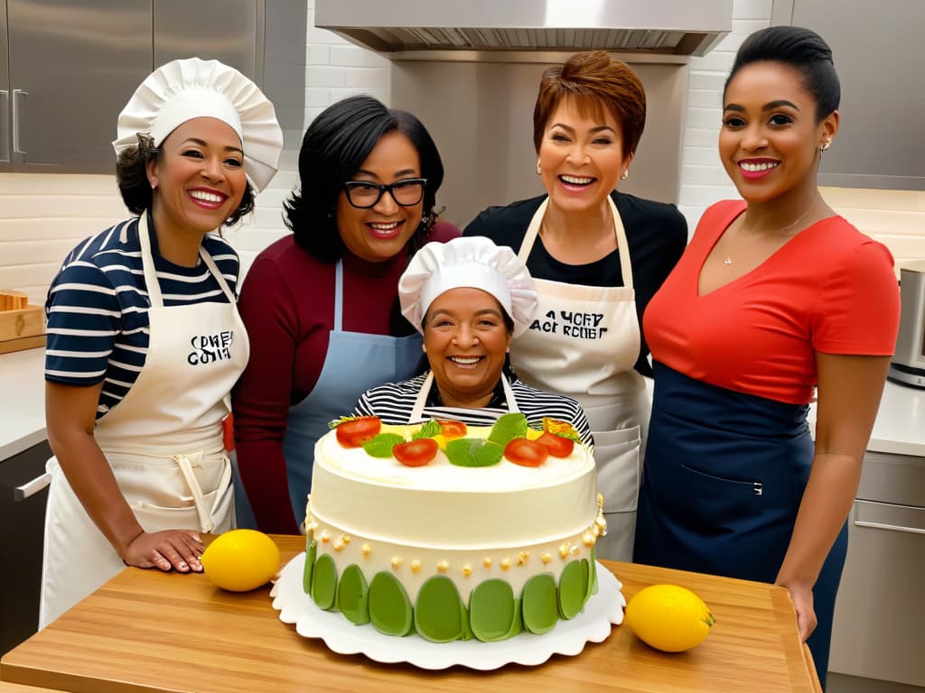  An ultradetailed 8k image of a diverse group of women of different ages and ethnicities, wearing aprons and chef hats, gathered around a large, elegantly decorated cake in a bright, modern kitchen. The women are smiling, engaged in lively conversation, and appear confident and empowered. The focus is on their expressions of joy and camaraderie, highlighting the social impact and empowerment that comes from their shared passion for baking. The kitchen is sleek and minimalistic, with clean lines and subtle pastel tones, emphasizing a sense of professionalism and inspiration. hyperrealistic, full body, detailed clothing, highly detailed, cinematic lighting, stunningly beautiful, intricate, sharp focus, f/1. 8, 85mm, (centered image composition), (professionally color graded), ((bright soft diffused light)), volumetric fog, trending on instagram, trending on tumblr, HDR 4K, 8K