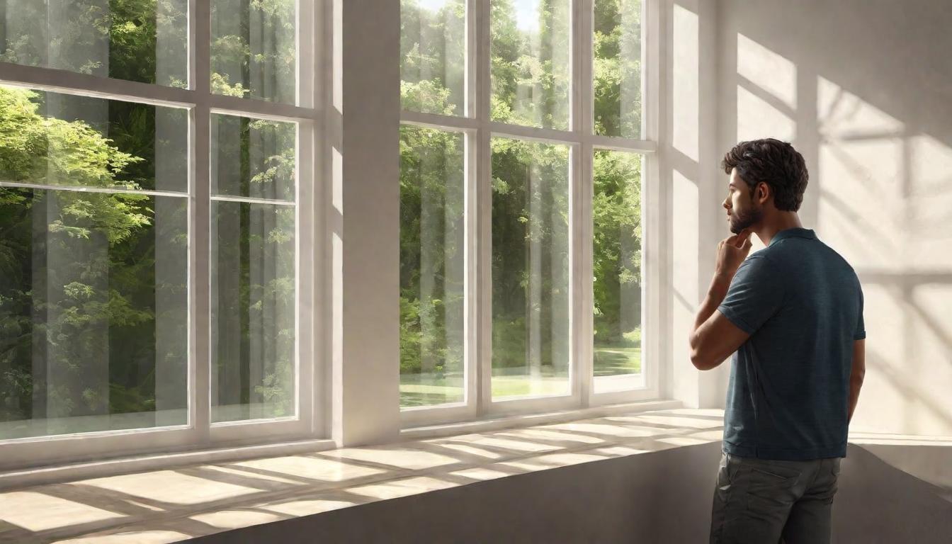  digital illustration, 1person, standing before a large window, sunlight streaming in, face illuminated in thought, a hand resting on the chin, wall covered with positive affirmations, calm setting, reframing negative thoughts, introspective determination, looking at viewer, dynamic pose, (intricate details, masterpiece, best quality)