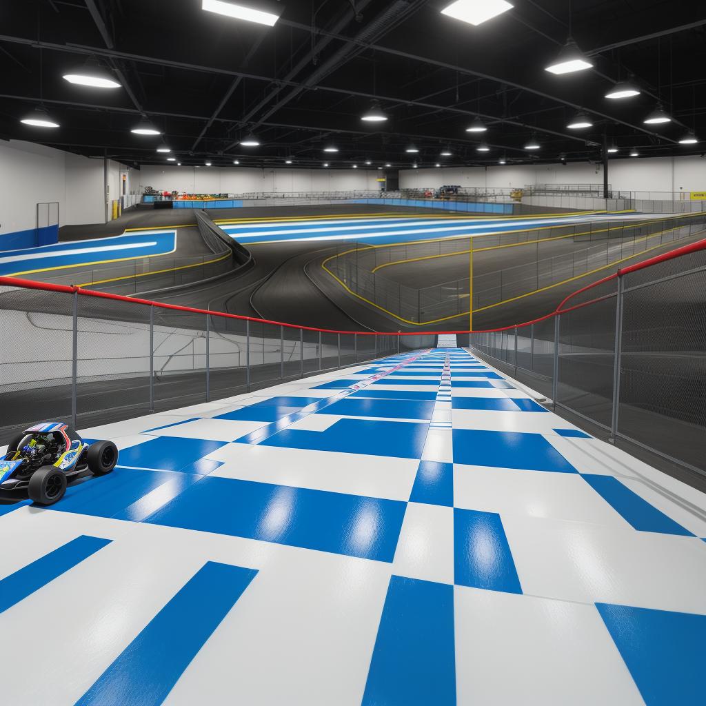  photo realistic modern multi level indoor gokart track with blue and white barriers with asphalt on the ground. Include gokarts with drivers on the track