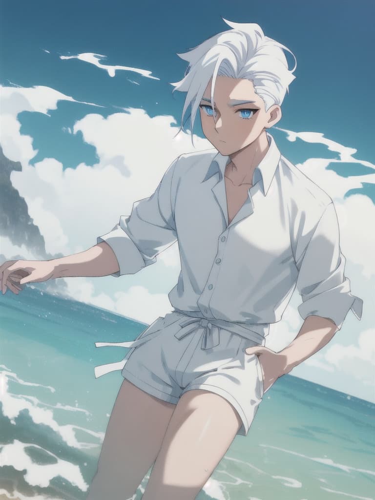  (masterpiece, best quality, anime cartoon man), (caucasian ethnicity, pale skin), young, wide body, blue eyes, slicked back hair, white hair, swimming shorts clothing, at the beach hyperrealistic, full body, detailed clothing, highly detailed, cinematic lighting, stunningly beautiful, intricate, sharp focus, f/1. 8, 85mm, (centered image composition), (professionally color graded), ((bright soft diffused light)), volumetric fog, trending on instagram, trending on tumblr, HDR 4K, 8K