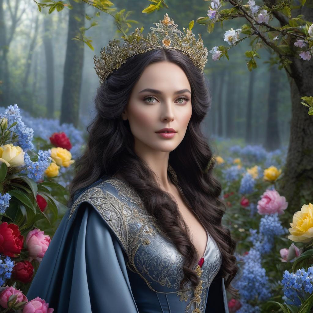  Luthien Tinuviel. A very pretty girl. Grey eyes. Forest, silver crown on her forehead, blue coat. ((Sparkling rim)): spring field, hyacinths, roses, rosehips, rose hips, peonies, cherry tree, yellow, red, black flowers, forget me nots. hyperrealistic, full body, detailed clothing, highly detailed, cinematic lighting, stunningly beautiful, intricate, sharp focus, f/1. 8, 85mm, (centered image composition), (professionally color graded), ((bright soft diffused light)), volumetric fog, trending on instagram, trending on tumblr, HDR 4K, 8K