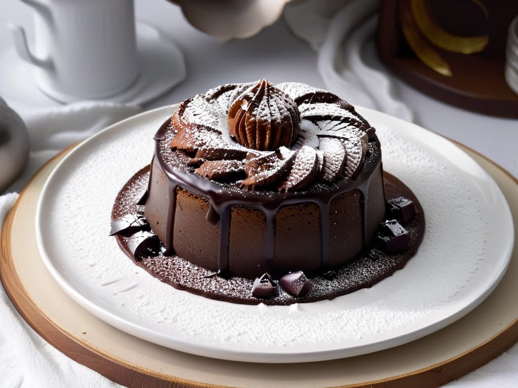  A closeup, ultradetailed image of a decadent chocolate lava cake with a perfectly gooey center, sprinkled with powdered sugar and served on a sleek, modern plate, set against a clean, white background. hyperrealistic, full body, detailed clothing, highly detailed, cinematic lighting, stunningly beautiful, intricate, sharp focus, f/1. 8, 85mm, (centered image composition), (professionally color graded), ((bright soft diffused light)), volumetric fog, trending on instagram, trending on tumblr, HDR 4K, 8K