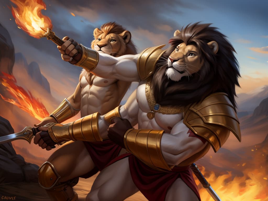  By chunie, by Zaush, portrait, full body, full view, photorealistic, duo, anthro, male, lion, scar on face, two challenging lions in a battlefield, hold a weapon, fighting, clenching weapons, red and gold armor:2, golden sword, surrounded by flames, fireland, fire in background, ultra detailed flame, ultra detailed red and gold armor, sfw, thick body, muscular body, stare at the camera, open eyes, digital art, masterpiece, 4k, fine details,