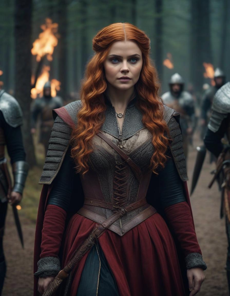  cinematic film still The Tudor era, a tragic frame from the film, the most detailed image, emphasis on faces, Chloe Grace Moretz with light red long curly hair, dressed as Triss Merrigold from the Witcher 3 game, in anger, stabs a mature man standing in front of her with a knife, they are watched by stern armed warriors knights, maximum detail, small details, especially carefully drawn faces and emotions, the strictest compliance with the request, historical costumes are reproduced as accurately as possible, weak dramatic lighting, dirt, heavy rain, dark dense gloomy forest around, . shallow depth of field, vignette, highly detailed, high budget, bokeh, cinemascope, moody, epic, gorgeous, film grain, grainy hyperrealistic, full body, detailed clothing, highly detailed, cinematic lighting, stunningly beautiful, intricate, sharp focus, f/1. 8, 85mm, (centered image composition), (professionally color graded), ((bright soft diffused light)), volumetric fog, trending on instagram, trending on tumblr, HDR 4K, 8K