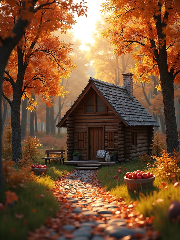  professional 3d model of a create an image of a cozy autumn forest with colorful leaves on the trees, soft sunlight shining through the foliage, and a narrow path leading to a small log house. around the house there is a wooden bench with a blanket on it, and a basket of apples is visible nearby., octane render, highly detailed, volumetric, dramatic lighting