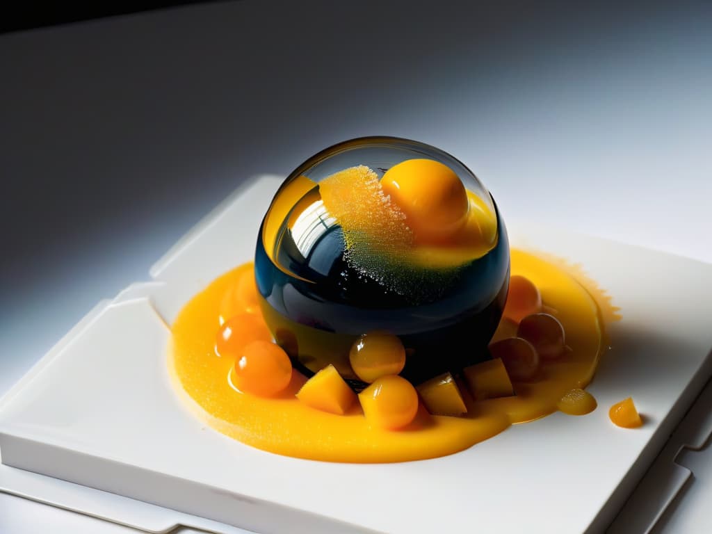  A closeup, ultradetailed image of a vibrant, spherical mango sorbet encapsulated in a thin, translucent membrane made using molecular gastronomy techniques. The sorbet appears suspended midair, reflecting the surrounding light to create a mesmerizing play of colors and shadows. The texture of the sorbet looks incredibly smooth, almost glossy, with tiny frozen crystals glistening on its surface. The background is a soft, blurred gradient of pastel hues, enhancing the minimalistic and futuristic feel of the image. hyperrealistic, full body, detailed clothing, highly detailed, cinematic lighting, stunningly beautiful, intricate, sharp focus, f/1. 8, 85mm, (centered image composition), (professionally color graded), ((bright soft diffused light)), volumetric fog, trending on instagram, trending on tumblr, HDR 4K, 8K