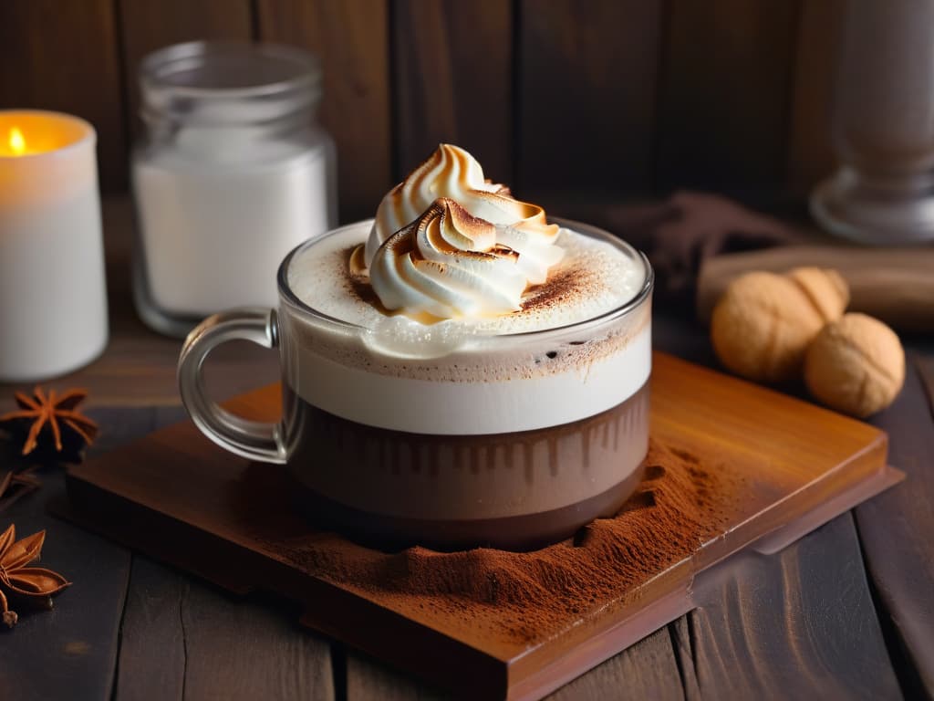  A minimalist, ultradetailed image of a decadent hot chocolate topped with a perfectly toasted marshmallow, sprinkled with a dusting of cocoa powder, served in a sleek, transparent glass mug on a rustic wooden table. The steam rising from the rich chocolate, the glossy surface of the marshmallow, and the intricate wood grain of the table are all vividly captured in this highresolution image, evoking warmth and comfort in the cold winter months. hyperrealistic, full body, detailed clothing, highly detailed, cinematic lighting, stunningly beautiful, intricate, sharp focus, f/1. 8, 85mm, (centered image composition), (professionally color graded), ((bright soft diffused light)), volumetric fog, trending on instagram, trending on tumblr, HDR 4K, 8K