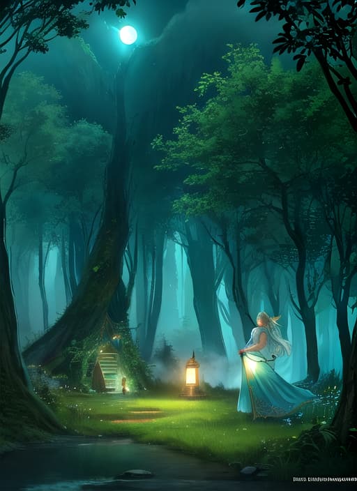  outdoor fantasy nature sci fi 2 elven women ultra realistic dancing naked lush green Forest moonlit starsy sky earthen built huts festival fantasy angel wings detailed clothing steam punk volumetric fog cinematic lighting stunningly beautiful ""