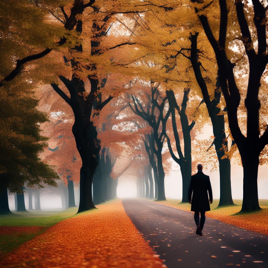  an autumn scene featuring a tree-lined boulevard with leaves in vibrant colors covering the ground hyperrealistic, full body, detailed clothing, highly detailed, cinematic lighting, stunningly beautiful, intricate, sharp focus, f/1. 8, 85mm, (centered image composition), (professionally color graded), ((bright soft diffused light)), volumetric fog, trending on instagram, trending on tumblr, HDR 4K, 8K