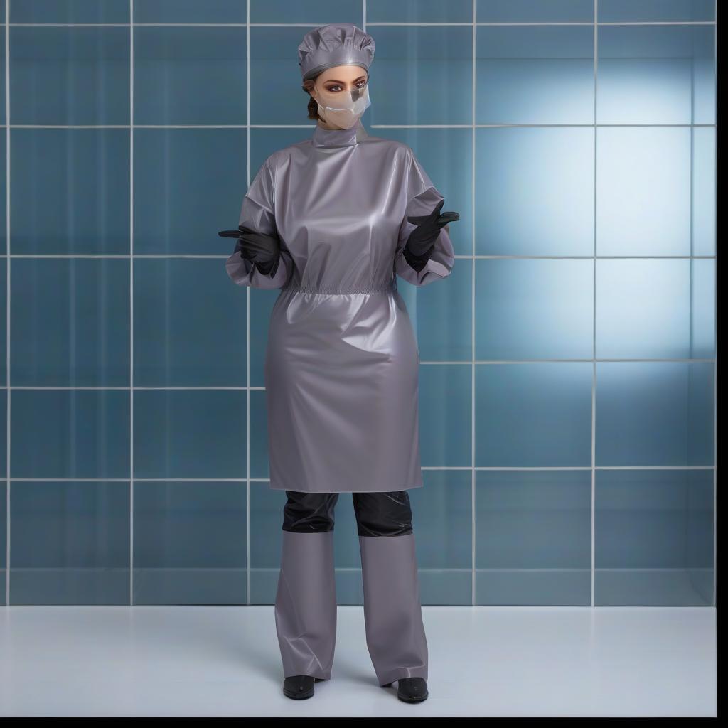  "(Highly detailed: 1.2), (lone female surgeon standing: 1.1) in (glossy latex: 1.2) (dark green: 1.1) and (dark blue: 1.1), (full length: 1.2), (front view: 1.2), (full face:1.2), • Surgical outfit: (Glossy Straight Fit Latex Surgical Gown: 1.1), (Fit Size: 1.1), (Knee Length: 1.2), (Closed Collar: 1.1), (No Pockets: 1.1), (elastic waistband: 1.1), (long sleeves: 1.1), (elastic cuffs: 1.1), (glossy shower cap with elastic ribbon: 1.1, (surgical mask with glossy ribbon ties: 1.2), (ankle length surgical trousers in glossy latex: 1.1), (shoe covers: 1.1) (knee high: 1.1) or (boot style: 1.1), (long surgical gloves: 1.1). • two color surgical gown: (The gown is worn backwards, fastened at the back, tied at the neck and waist) (The dress i hyperrealistic, full body, detailed clothing, highly detailed, cinematic lighting, stunningly beautiful, intricate, sharp focus, f/1. 8, 85mm, (centered image composition), (professionally color graded), ((bright soft diffused light)), volumetric fog, trending on instagram, trending on tumblr, HDR 4K, 8K