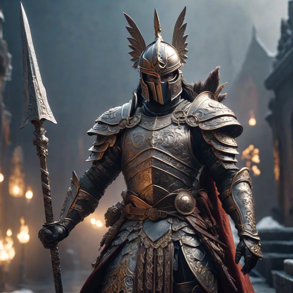  statue of a warrior with a massive spear in ornate mail armor adorned with elements of expensive fabric in the style of dark fantasy hyperrealistic, full body, detailed clothing, highly detailed, cinematic lighting, stunningly beautiful, intricate, sharp focus, f/1. 8, 85mm, (centered image composition), (professionally color graded), ((bright soft diffused light)), volumetric fog, trending on instagram, trending on tumblr, HDR 4K, 8K