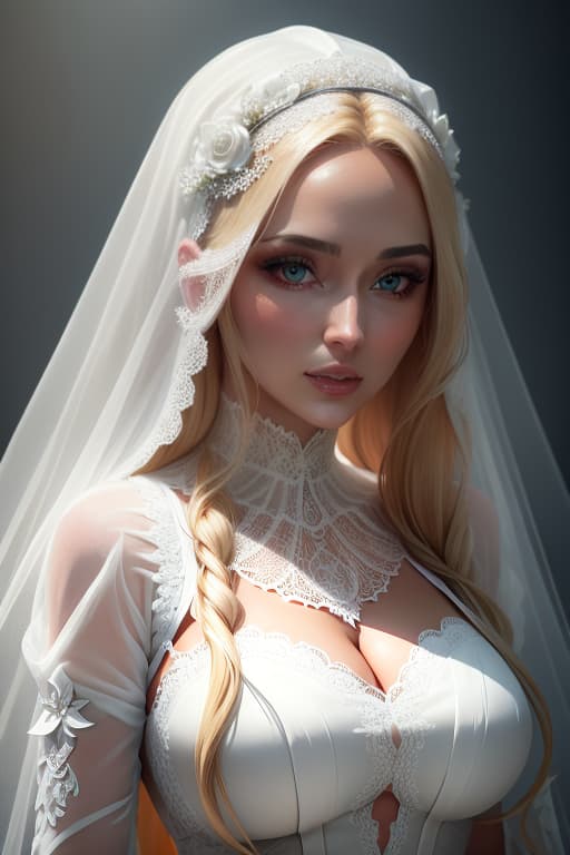  Closeup portrait of a beautiful blonde woman wearing veil and a sheer white lace dress in soft light hyperrealistic, full body, detailed clothing, highly detailed, cinematic lighting, stunningly beautiful, intricate, sharp focus, f/1. 8, 85mm, (centered image composition), (professionally color graded), ((bright soft diffused light)), volumetric fog, trending on instagram, trending on tumblr, HDR 4K, 8K