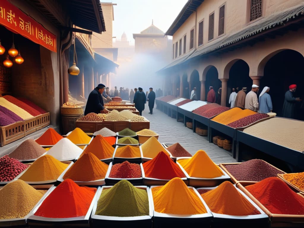  A photorealistic image of a bustling ancient marketplace along the Silk Road, showcasing a vibrant display of exotic spices and ingredients used in ancient pastrymaking. The scene includes intricately designed spice stalls with colorful arrays of saffron, cardamom, cinnamon, and other aromatic spices, set against a backdrop of historical buildings and merchants engaging in lively exchanges. The image captures the essence of the sweet and savory trade that characterized the ancient spice routes, inviting viewers to step back in time and experience the rich cultural tapestry of the era. hyperrealistic, full body, detailed clothing, highly detailed, cinematic lighting, stunningly beautiful, intricate, sharp focus, f/1. 8, 85mm, (centered image composition), (professionally color graded), ((bright soft diffused light)), volumetric fog, trending on instagram, trending on tumblr, HDR 4K, 8K