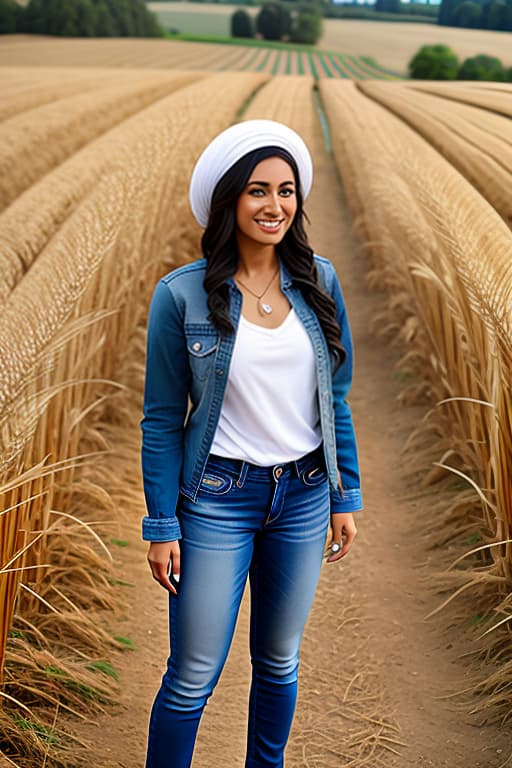  Middle eastern female, jeans, full body picture pose, tall wheat, field, farm