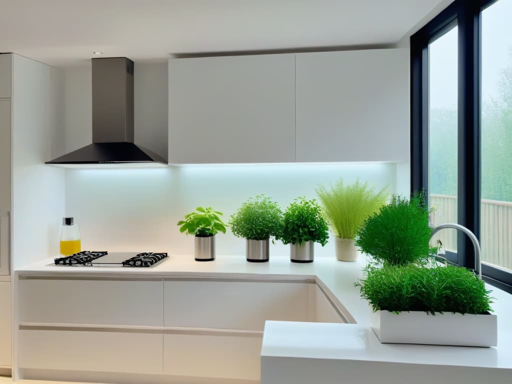  An ultradetailed 8k image of a sleek, modern kitchen with pristine white countertops, stainless steel appliances, and a pop of color from vibrant green potted herbs neatly arranged on a windowsill. The image captures the essence of efficiency and organization, with minimalist decor and perfectly organized kitchen tools displayed on wallmounted racks. The overall aesthetic is clean, professional, and inspiring, embodying the concept of efficient kitchen management in a visually appealing way. hyperrealistic, full body, detailed clothing, highly detailed, cinematic lighting, stunningly beautiful, intricate, sharp focus, f/1. 8, 85mm, (centered image composition), (professionally color graded), ((bright soft diffused light)), volumetric fog, trending on instagram, trending on tumblr, HDR 4K, 8K