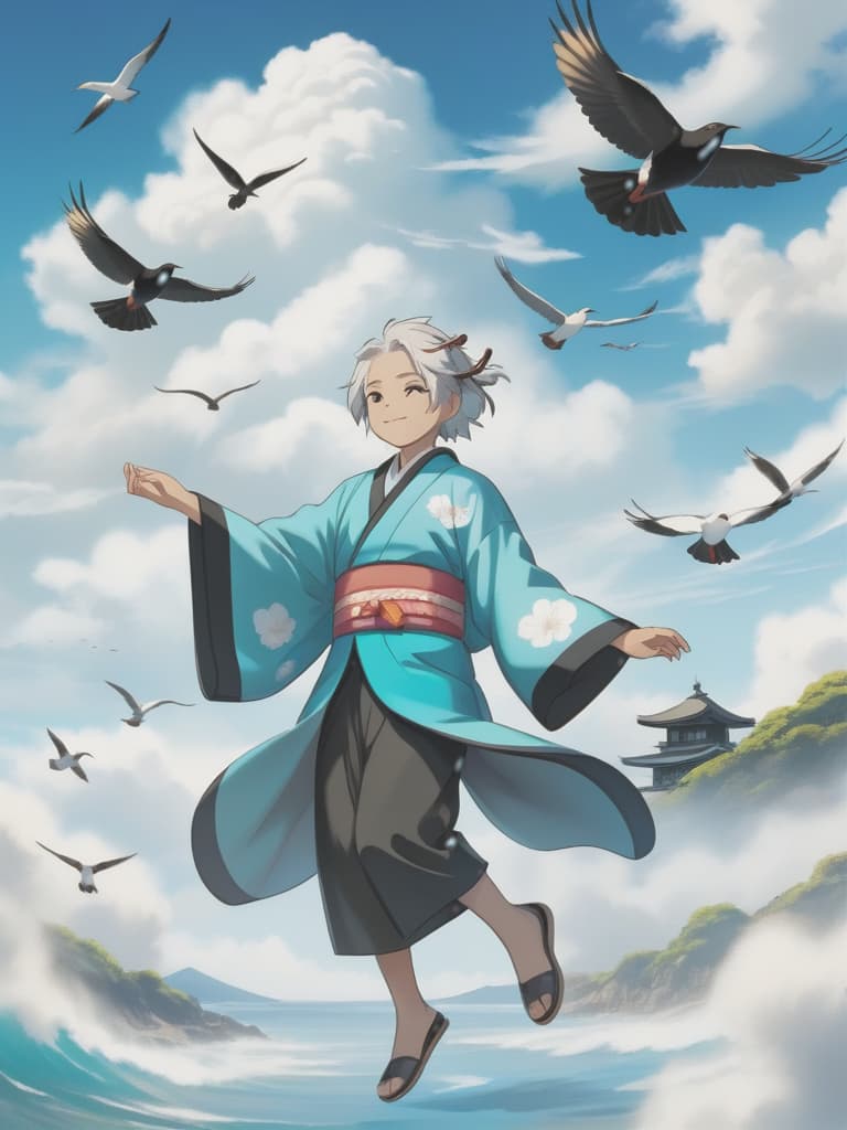  Japanese style, old is quiet and sweet. The sky is blue and the sea is turquoise. Birds fly over a few white clouds with a pure smile. White ta, black high top shoes, white hair, and gray eyes hyperrealistic, full body, detailed clothing, highly detailed, cinematic lighting, stunningly beautiful, intricate, sharp focus, f/1. 8, 85mm, (centered image composition), (professionally color graded), ((bright soft diffused light)), volumetric fog, trending on instagram, trending on tumblr, HDR 4K, 8K