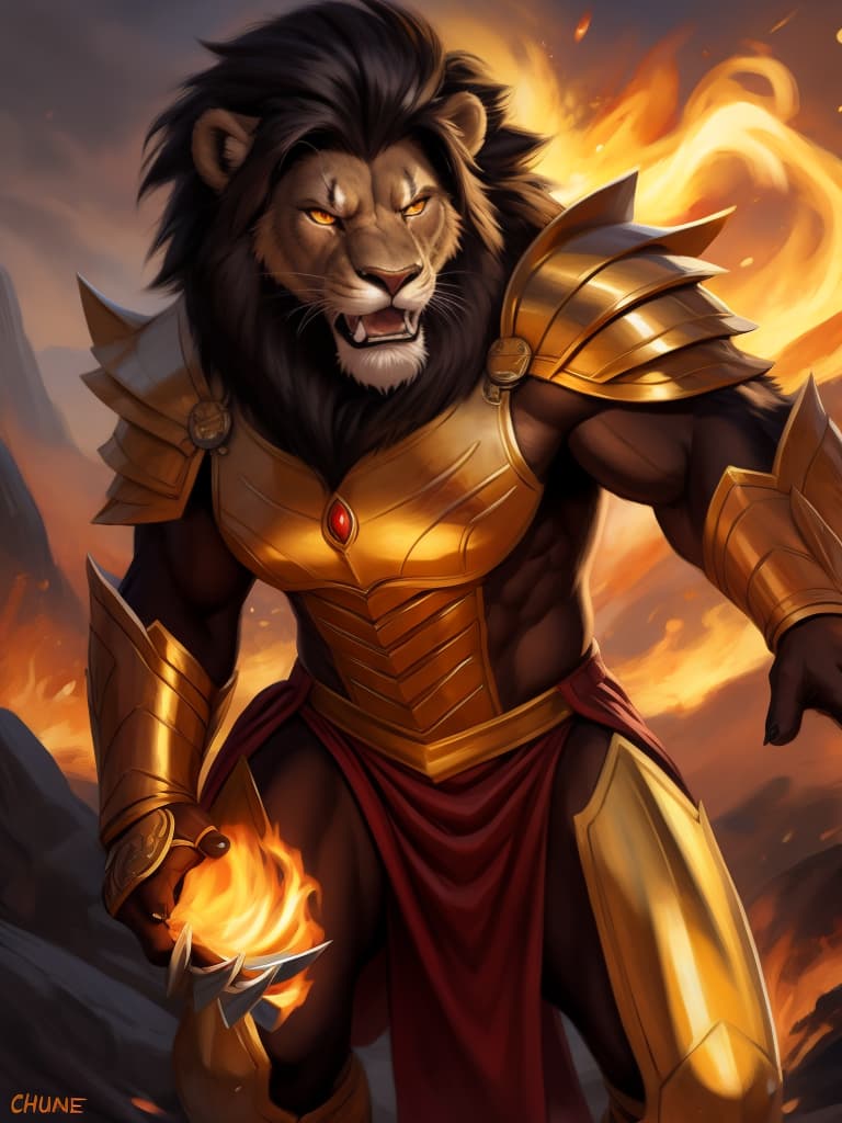  By chunie, by Meesh, portrait, full body, detailed pupils, glowing eyes:2, full view, photorealistic, solo, anthro, male, lion, scar on face, a lions fighting in a battlefield, holds a golden weapon, fighting, roaring, angry face:2, serious face:2, rage, zoom in on face, enraged:2, glowing red and gold armor:2, surrounded by glowing flames, fireland, glowing fire in background, ultra detailed glowing flame, ultra detailed red and gold armor, sfw, thick body, muscular body, stare at the camera, open eyes, digital art, masterpiece, 4k, fine details,