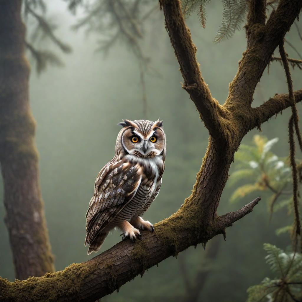  An owl climbing a tree like a human hyperrealistic, full body, detailed clothing, highly detailed, cinematic lighting, stunningly beautiful, intricate, sharp focus, f/1. 8, 85mm, (centered image composition), (professionally color graded), ((bright soft diffused light)), volumetric fog, trending on instagram, trending on tumblr, HDR 4K, 8K