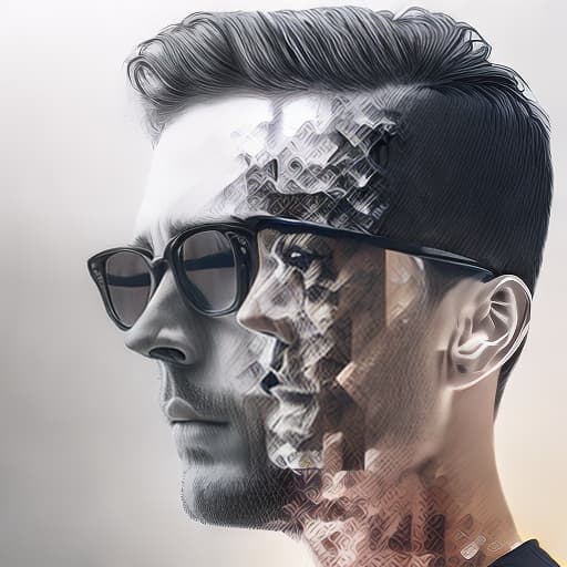 dublex style 3D, man wearing glasses, drawing motion holding pencil on the paper, half colored drawing, looks like puzzle pieces
