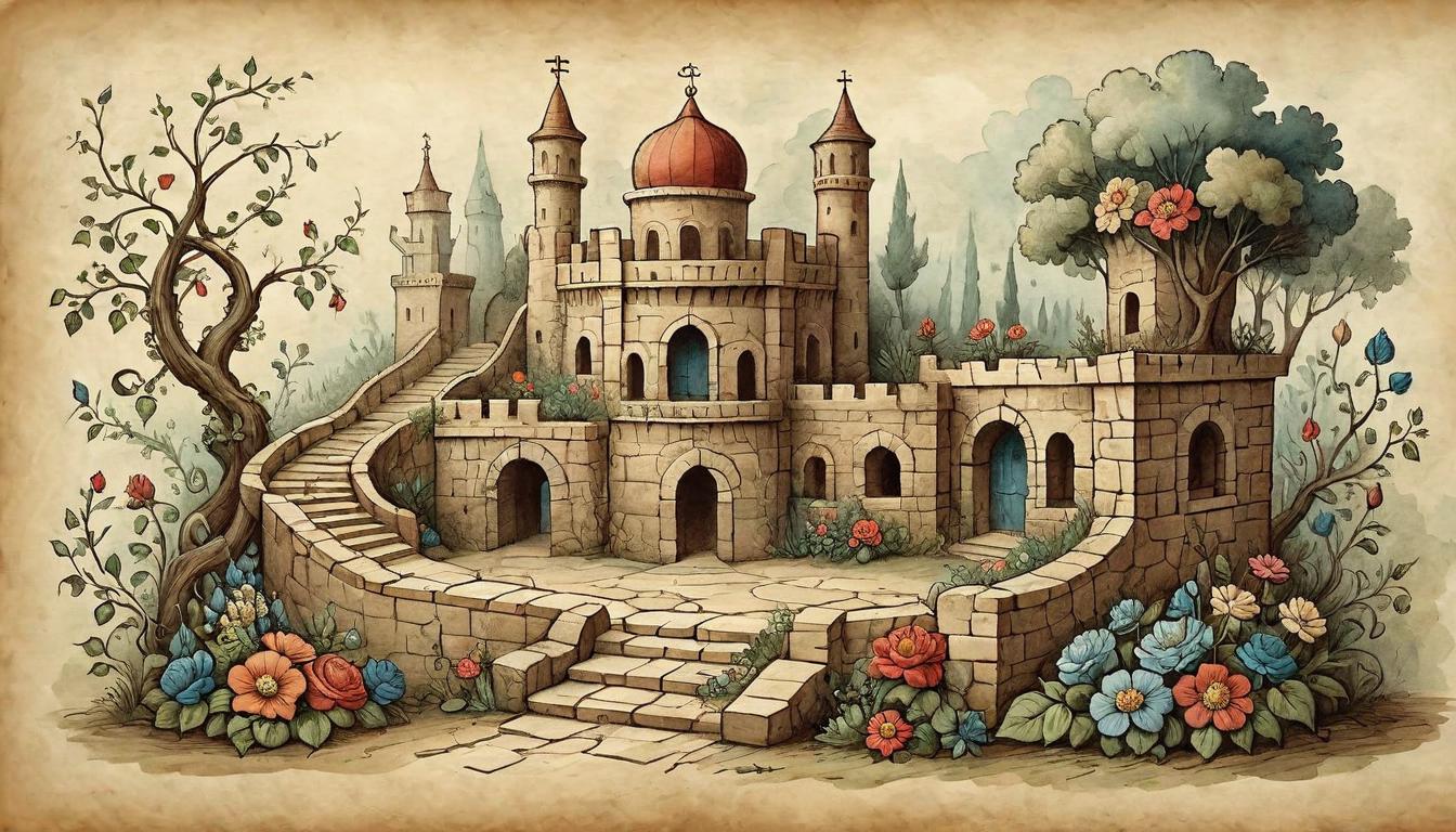  on parchment, surrealism+++, A sturdy foundation made of large bricks, symbolizing strength, adorned with vines and flowers, risk and dreams, stability and growth(mysterious, provocative, symbolic,muted color)+++