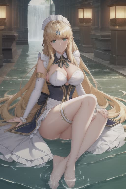  (score 9,score 8 up,score 7 up,),Fate saber,solo,maid,maid headdress,looking at viewer,outdoor,lake,apron,blonde hair,indoors,green eyes,bare foot,two feet in the water Barefoot in the water. big wave，lotus flower sex stunny hyperrealistic, full body, detailed clothing, highly detailed, cinematic lighting, stunningly beautiful, intricate, sharp focus, f/1. 8, 85mm, (centered image composition), (professionally color graded), ((bright soft diffused light)), volumetric fog, trending on instagram, trending on tumblr, HDR 4K, 8K