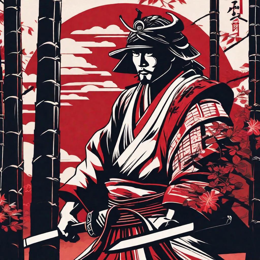  masterpiece, best quality, A samurai stands tall, holding a gleaming sword in his hand, ready for battle. The illustration showcases his fierce determination and strength. The environment is set in a serene bamboo forest, adding a touch of tranquility to the scene. The mood is intense and focused, with a hint of anticipation hanging in the air. The style of the illustration is minimalistic, with clean lines and bold shapes. The two colors used are deep shades of red and black, representing power and elegance. The lighting is dramatic, casting shadows that emphasize the samurai's silhouette. The realization of this illustration would be in a traditional Japanese ink painting style, with fine brushstrokes capturing the essence of the samurai'