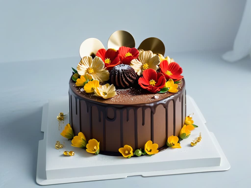  A hyperrealistic closeup image of a decadent chocolate cake adorned with intricate edible painted flowers and delicate gold leaf details, set against a clean, white background to highlight the precision and artistry of advanced edible painting techniques. hyperrealistic, full body, detailed clothing, highly detailed, cinematic lighting, stunningly beautiful, intricate, sharp focus, f/1. 8, 85mm, (centered image composition), (professionally color graded), ((bright soft diffused light)), volumetric fog, trending on instagram, trending on tumblr, HDR 4K, 8K