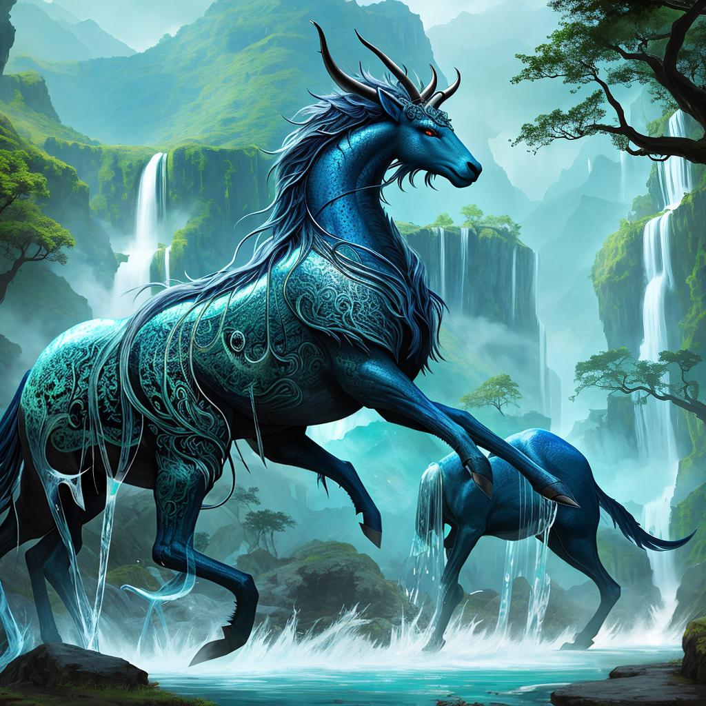  in a fantasy setting, Paint a surreal landscape where mythical beasts roam amidst cascading waterfalls.