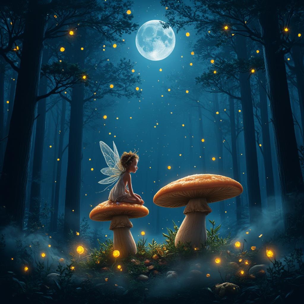  good quality, high quality, a magical forest scene with a fairy sitting on a mushroom, surrounded by glowing fireflies and mist, under a starry sky with a full moon