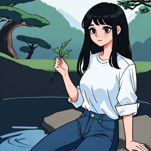  oriental girl cut long black hair she in dark deep blue jeans and classic white shirt nature east ornament