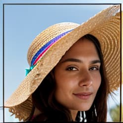  "A close up portrait of a young woman with a calm and composed expression. She is wearing a wide brimmed straw hat decorated with a small, colorful ribbon and beads. She has smooth, fair skin and long, brown hair that falls naturally. The background suggests an outdoor setting with soft, natural lighting, highlighting her facial features. The overall mood is relaxed and sophisticated."  hyperrealistic, full body, detailed clothing, highly detailed, cinematic lighting, stunningly beautiful, intricate, sharp focus, f/1. 8, 85mm, (centered image composition), (professionally color graded), ((bright soft diffused light)), volumetric fog, trending on instagram, trending on tumblr, HDR 4K, 8K